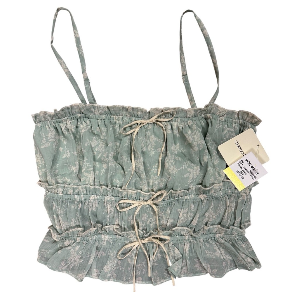 Charmed Hearts Mint Green Floral Coquette Tank Top Medium Boho Cottagecore